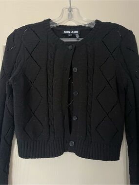 DKNY Black Cropped Knit Cardigan Button Front Dark Academia Soft Cozy Chic XS